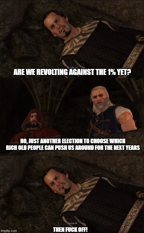 A three-panel meme featuring Geralt of Rivia from The Witcher. In the top panel, Geralt lies on the ground looking up and…