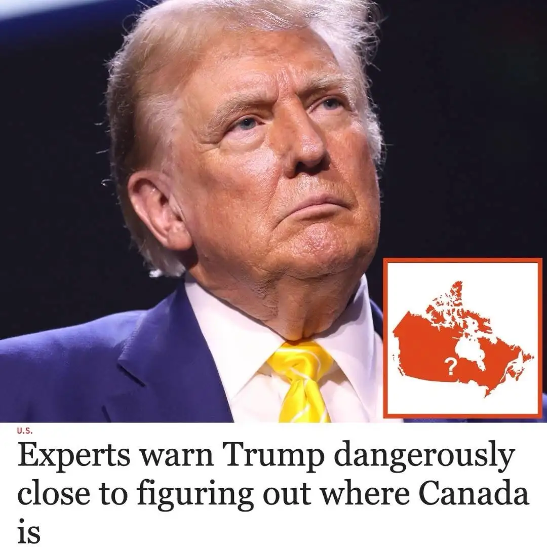 A close-up photo of Donald Trump looking confused, with a small inset image of a red map of Canada featuring a question…