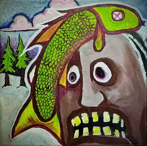 A surreal painting depicts a terrified human face with wide eyes and bared teeth, overlaid by a large, green-scaled fish…