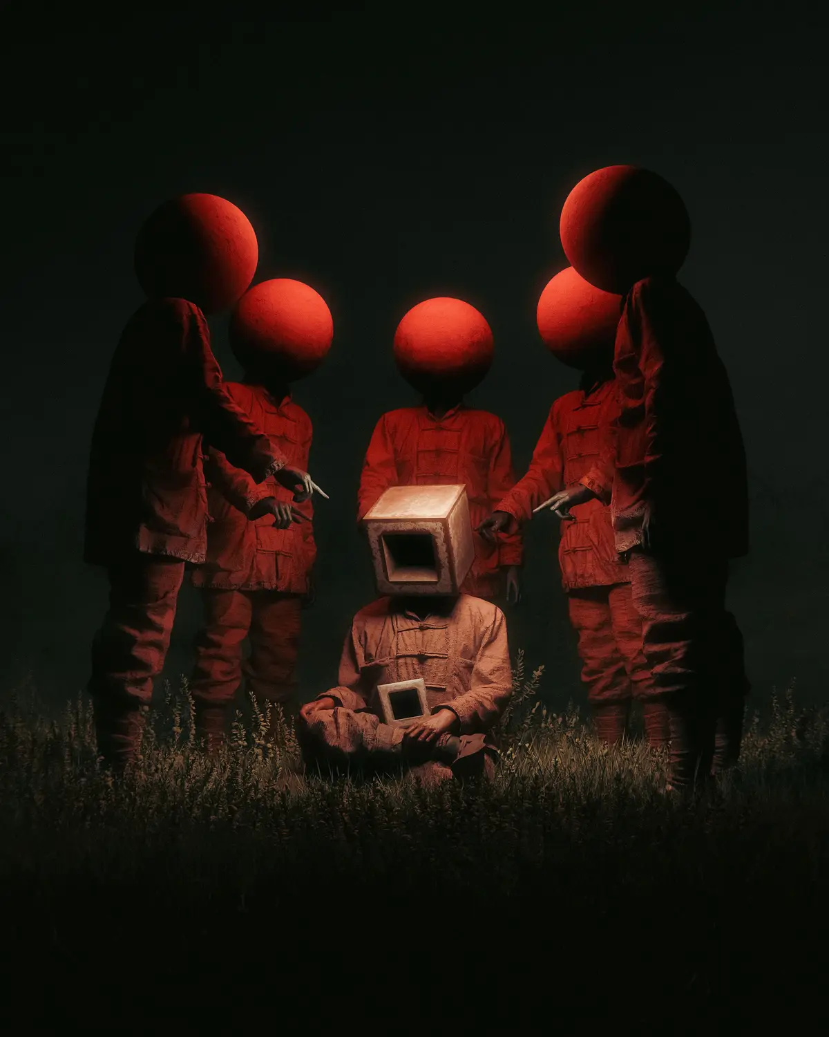 In a dark, eerie field, five humanoid figures with glowing red spherical heads surround a central figure sitting…