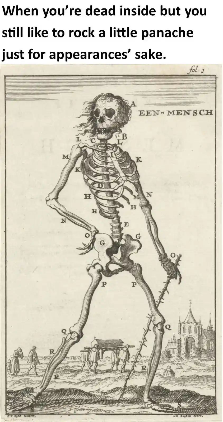 An antique anatomical illustration of a full human skeleton labeled with letters, standing tall with a dramatic pose. The…