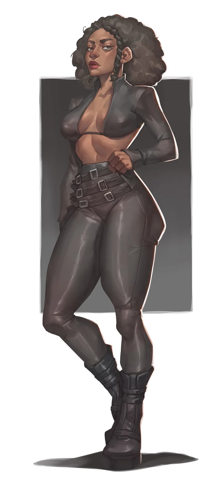 A full-body digital illustration of a Black woman with curly hair and braids, wearing a form-fitting dark grey outfit with a…
