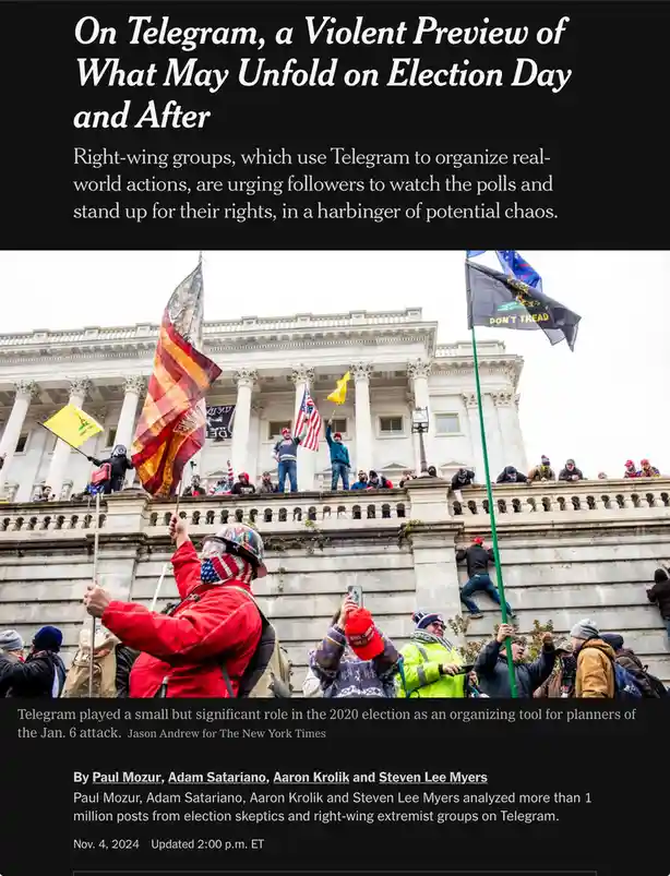 The image shows a news article layout with a photo of protesters on the steps of the U.S. Capitol building, holding flags…