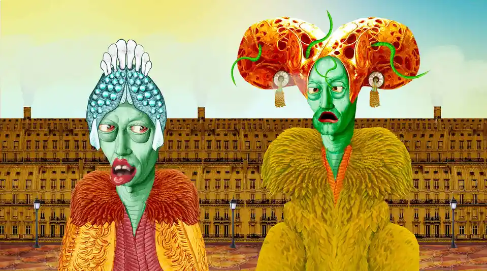 Two green-skinned, alien-like figures with exaggerated facial expressions stand in front of a row of European-style…