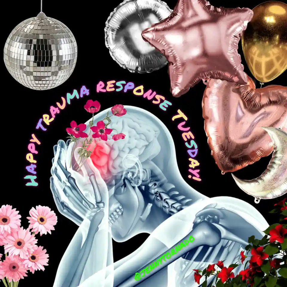 A surreal image features a translucent skeleton holding its skull, with a glowing red brain and pink flowers emerging from…