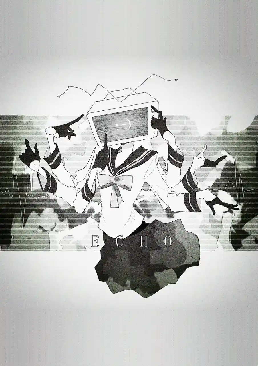 A black and white anime-style illustration shows a figure in a sailor uniform with multiple arms, each making a pointing…