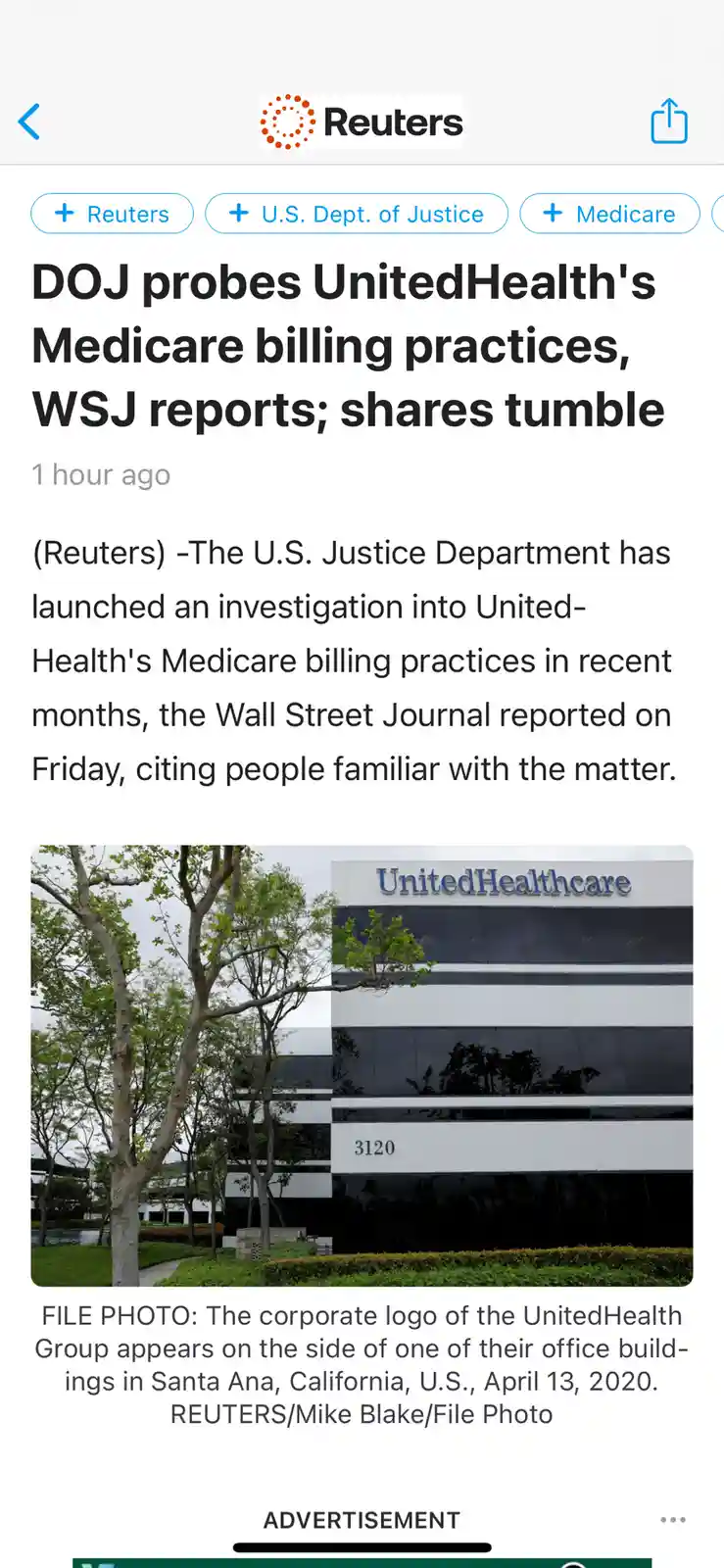 A screenshot of a Reuters news article headline about the U.S. Department of Justice investigating UnitedHealth's Medicare…