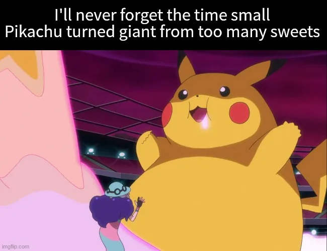 A giant, chubby Pikachu with a drooling expression stands next to a small person in a blue hat, who is looking up at it. The…