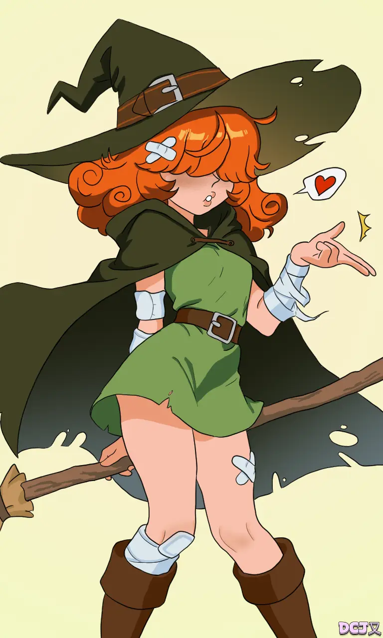 An anime-style illustration of a young woman with orange curly hair wearing a green witch's hat, cloak, and green dress with…