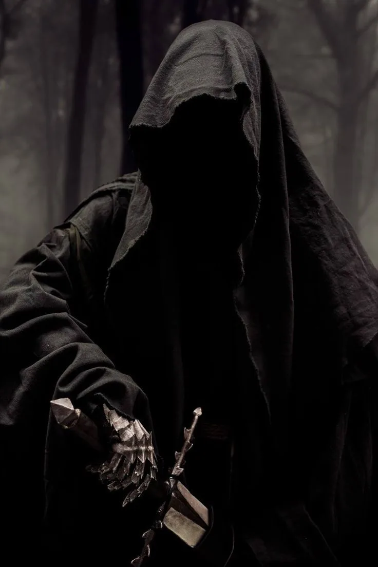 A figure in a dark, tattered hooded robe stands in a misty, shadowy forest, their face completely obscured. They hold a…