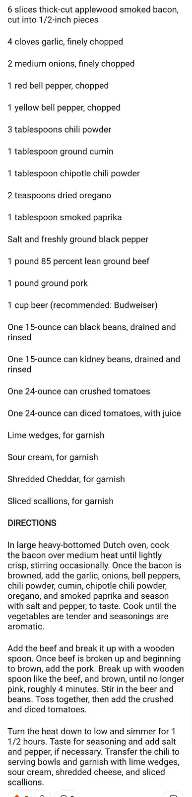 The image displays a full recipe for chili, listing ingredients like bacon, garlic, onions, various spices, ground beef…