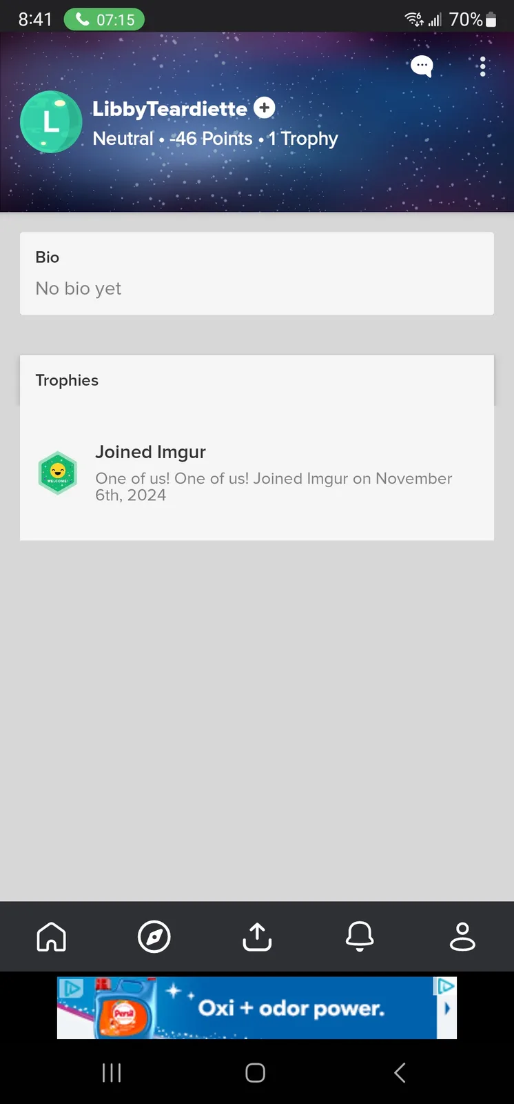 A screenshot of an Imgur user profile for 'LibbyTeardiette' showing a 'Neutral • -46 Points • 1 Trophy' status and a 'Joined…