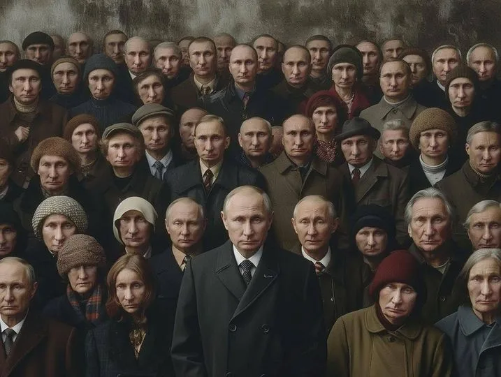 A dense crowd of people, mostly men, all with the same face as Vladimir Putin, wearing various winter clothes and hats. The…