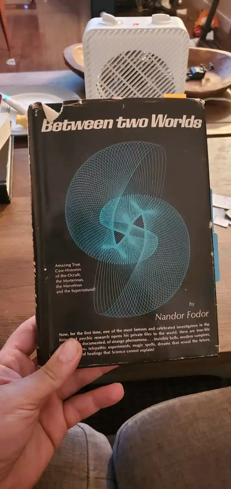 A hand holds a well-worn black book titled 'Between two Worlds' by Nandor Fodor, featuring a teal geometric spiral design on…