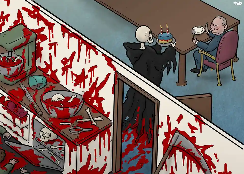 A cartoon depicts a gruesome, blood-splattered kitchen with bones, a skull in an oven, and a mixer full of red liquid, while…