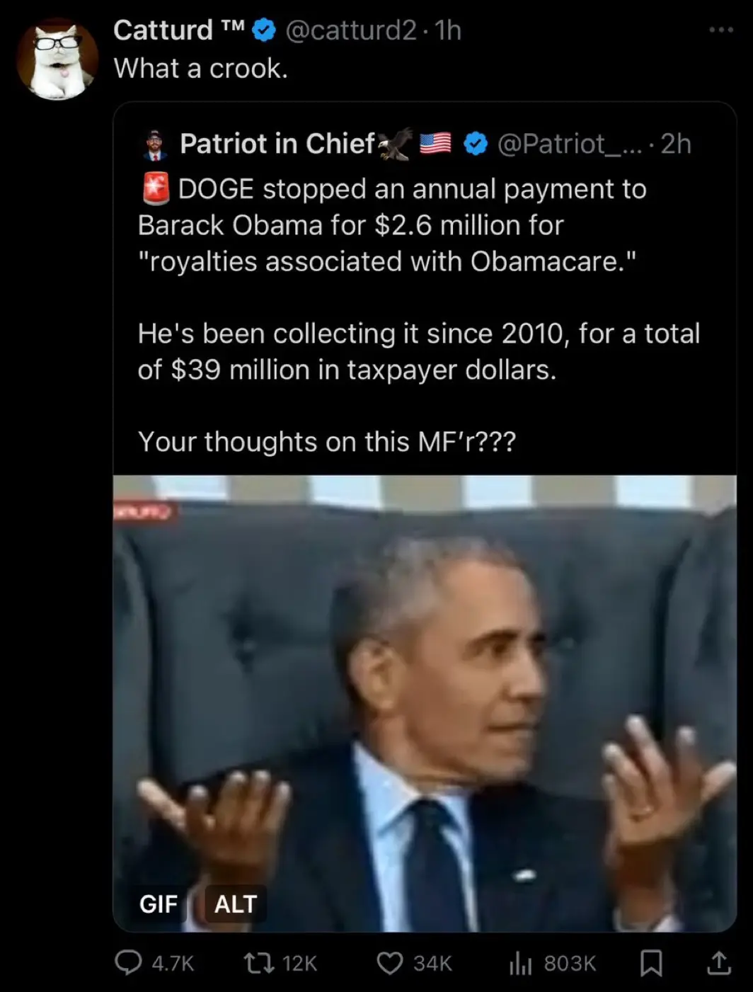 A screenshot of a Twitter thread where a user named 'Patriot in Chief' claims DOGE stopped an annual $2.6 million payment to…
