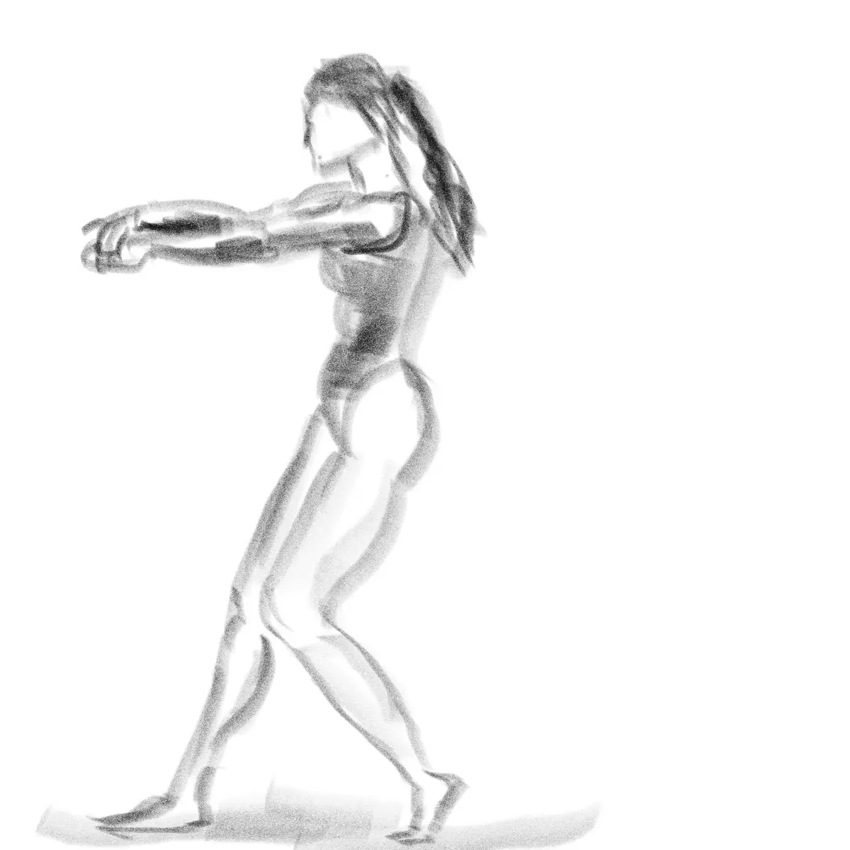 A grayscale sketch of a muscular woman in a dynamic, athletic pose, arms extended forward as if in motion or preparing to…