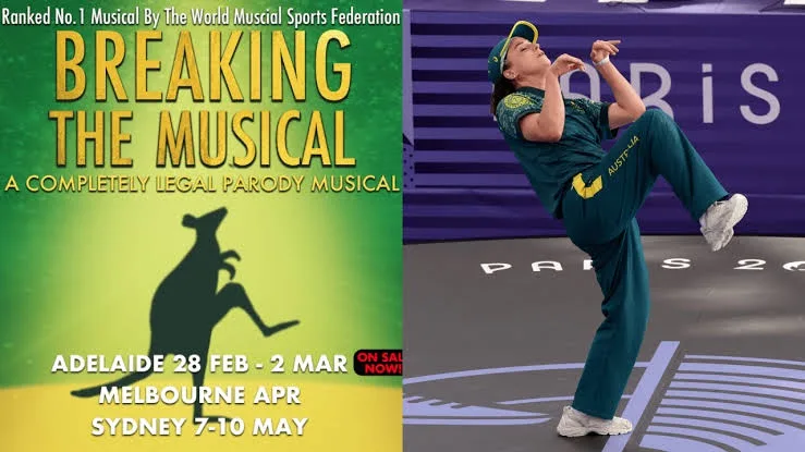 The image is a split-screen meme. The left side shows a poster for a fictional musical titled 'BREAKING THE MUSICAL'…