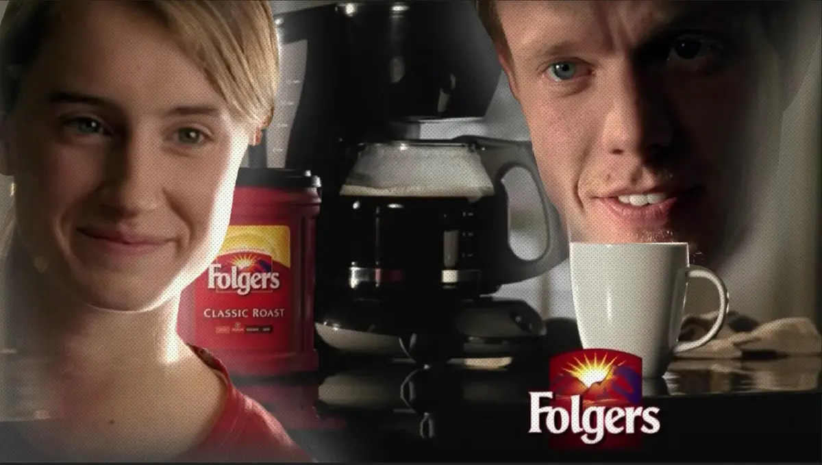 A Folgers coffee commercial featuring a smiling woman on the left and a man with a menacing stare on the right, both…