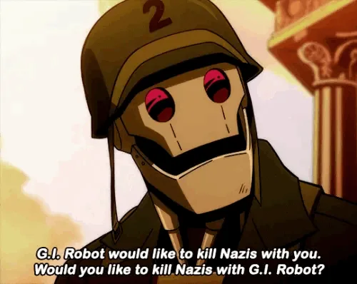 The image displays six panels of the animated character G.I. Robot, a robot soldier wearing a helmet marked with the number…