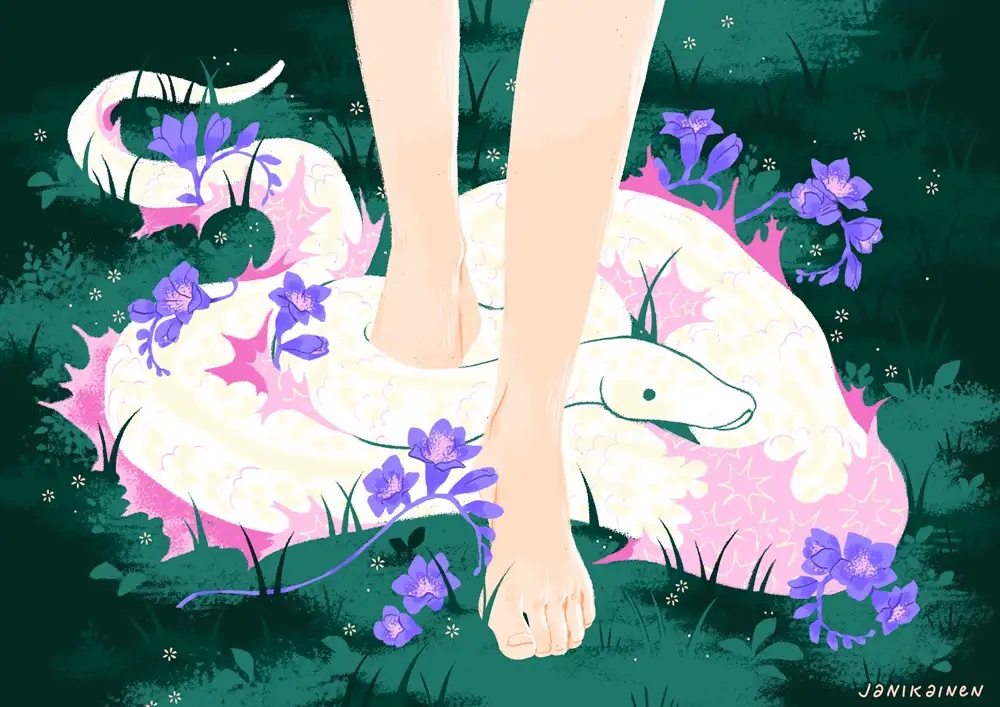 A whimsical illustration shows a person's bare legs standing atop a large, coiled, cream-colored snake with pink star…