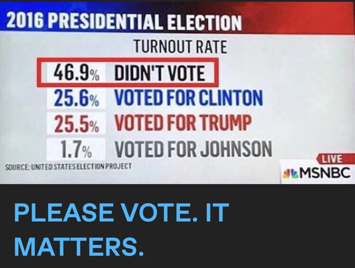 An MSNBC news graphic from the 2016 presidential election shows turnout statistics: 46.9% didn't vote, 25.6% voted for…