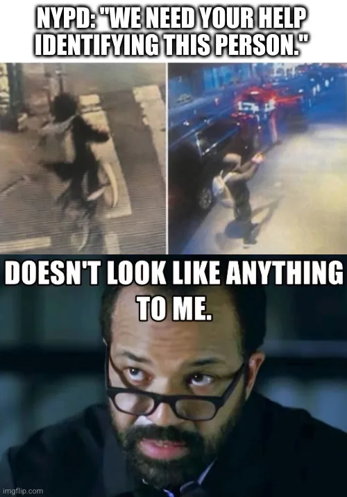 The image is a two-panel meme. The top panel shows two low-resolution surveillance photos of a person on a bicycle and…
