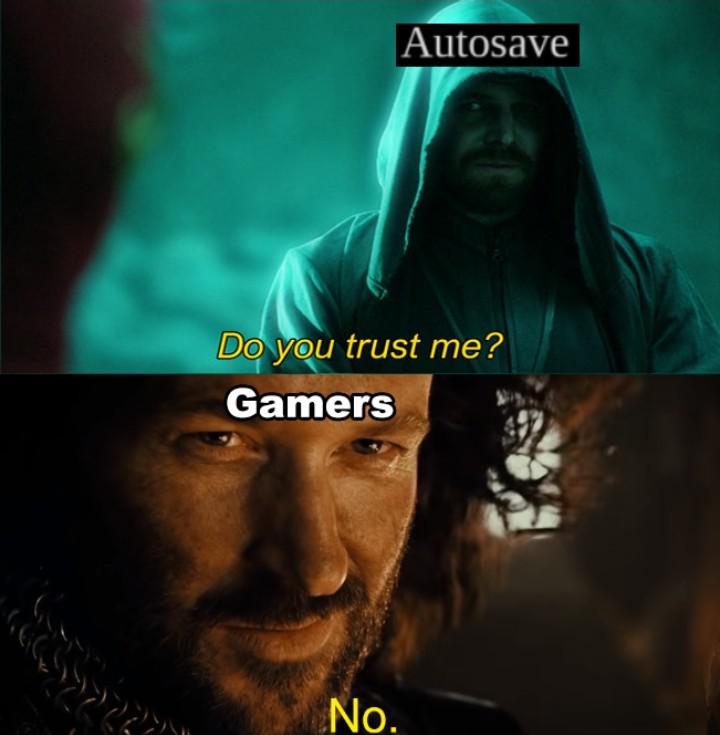 The top panel shows a hooded man in a teal-lit scene with the word 'Autosave' above him and the text 'Do you trust me?'…