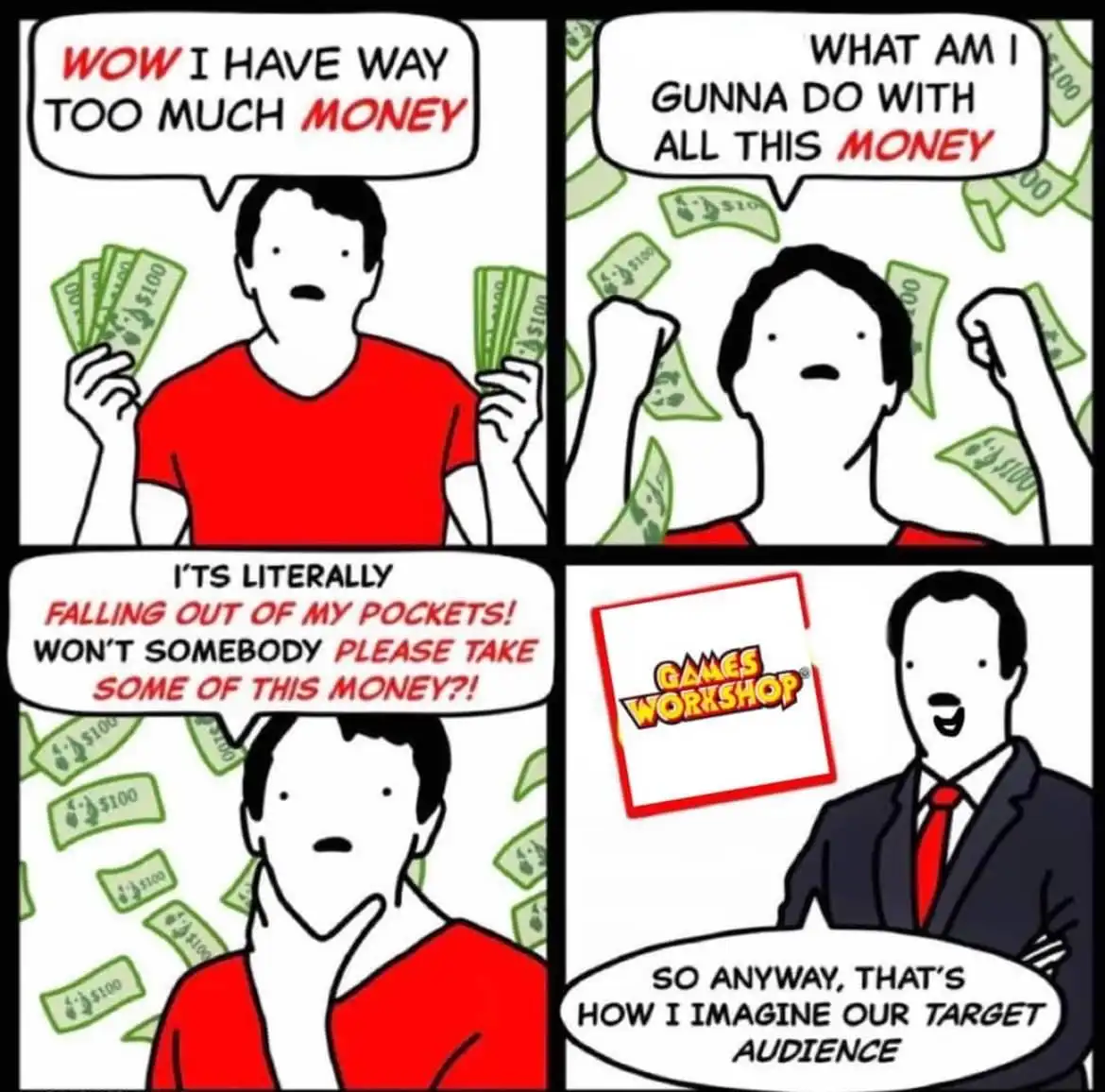 A four-panel comic shows a man overwhelmed by money, first exclaiming he has too much, then panicking about what to do with…