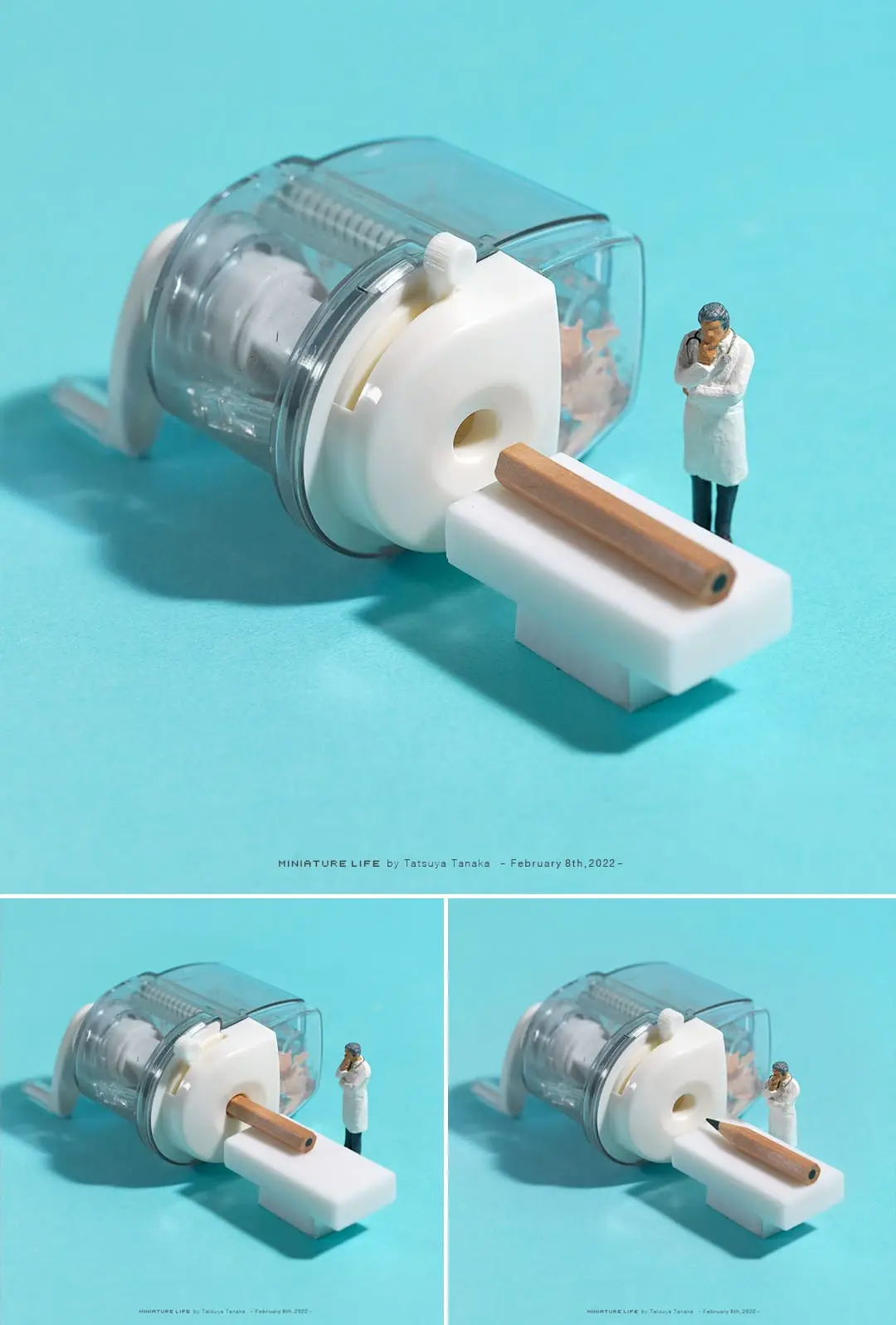 A tiny figurine of a person in a white lab coat stands beside a large, transparent pencil sharpener, holding a small object…