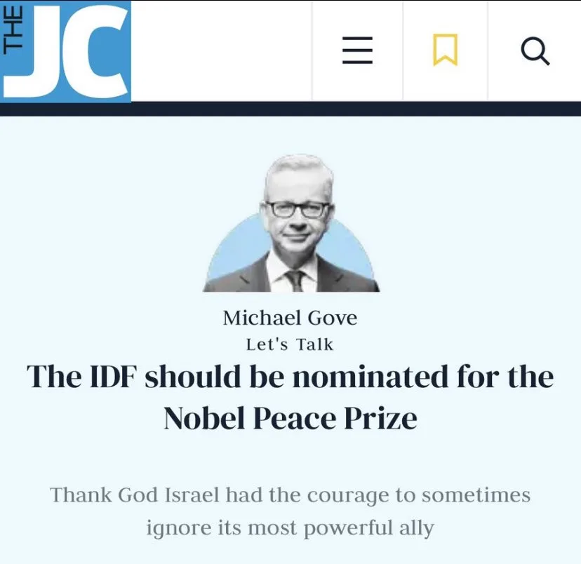 A screenshot of a news article from 'THE JC' featuring a photo of Michael Gove. Below his photo, the headline reads 'The IDF…