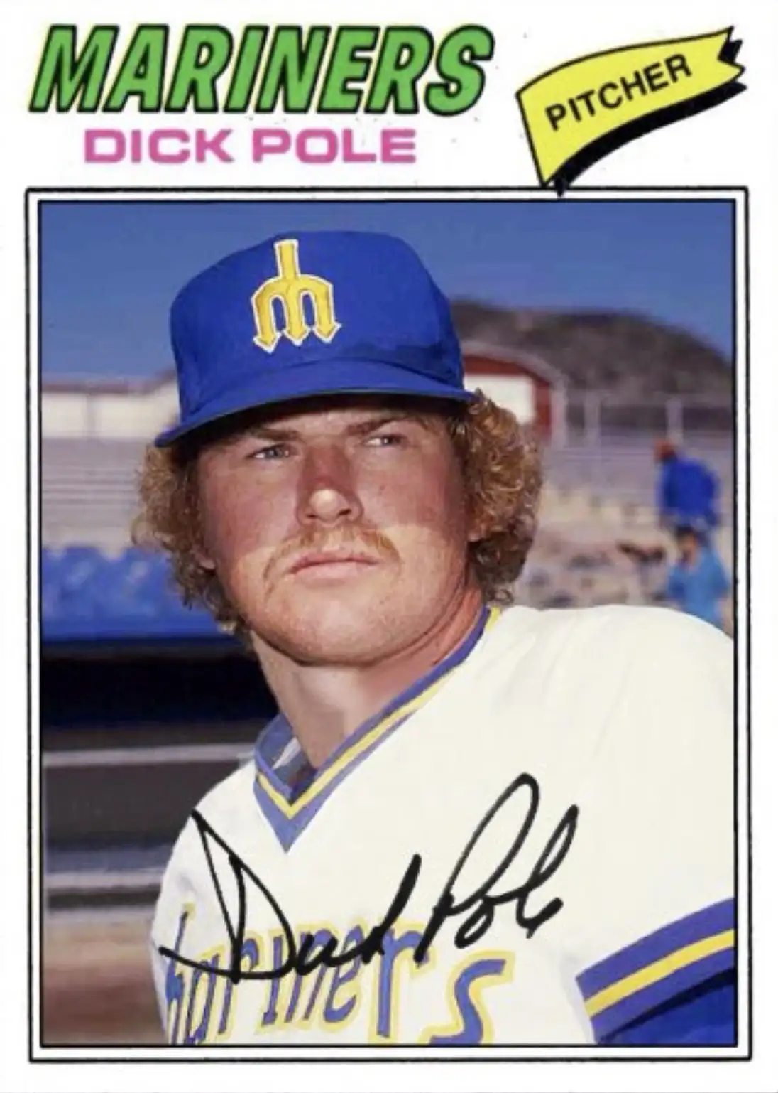 A vintage baseball card of Dick Pole, a pitcher for the Mariners, wearing a blue cap with a yellow 'M' logo and a white…