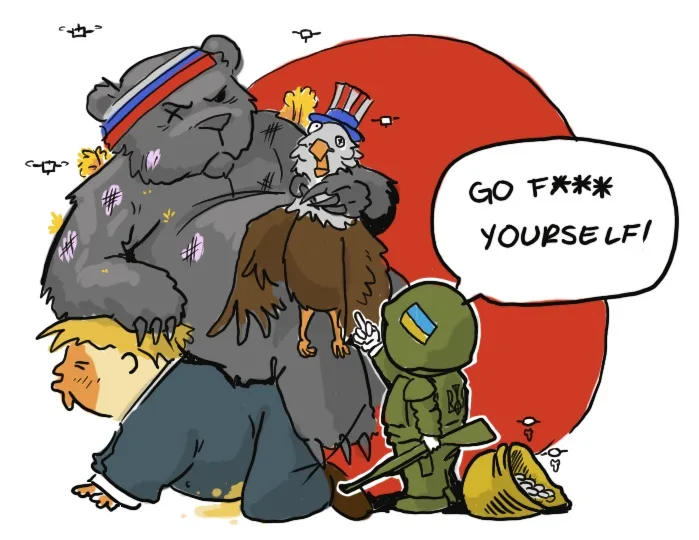 A cartoon depicts a large grey bear wearing a Russian flag headband, with a bald eagle wearing a US flag hat perched on its…