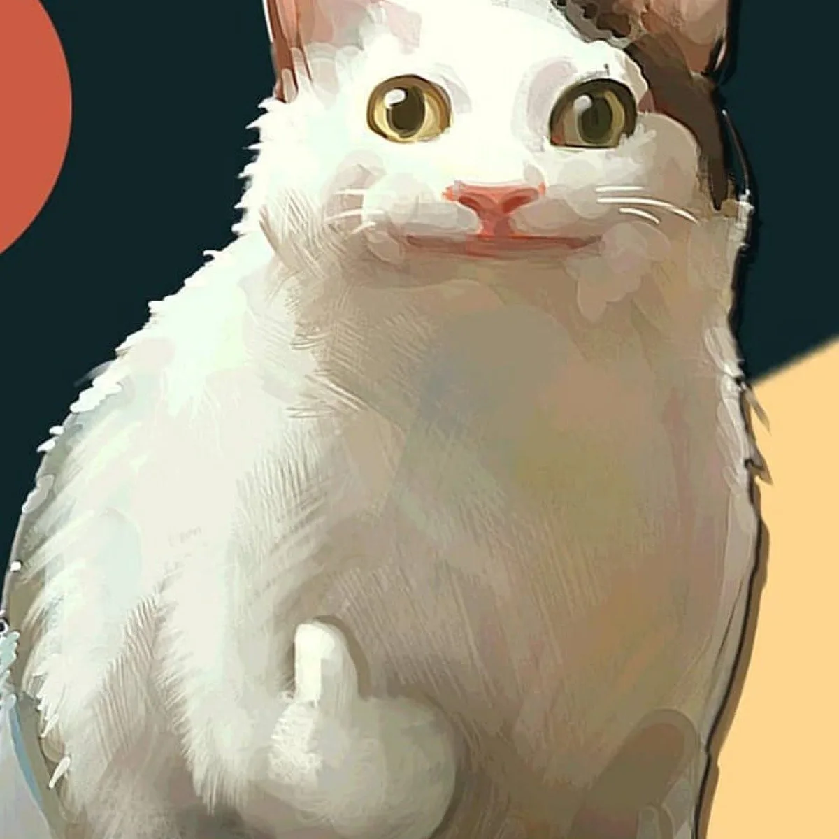 a stylized digital painting of a white cat with brown patches, giving a thumbs-up gesture with one paw while looking…