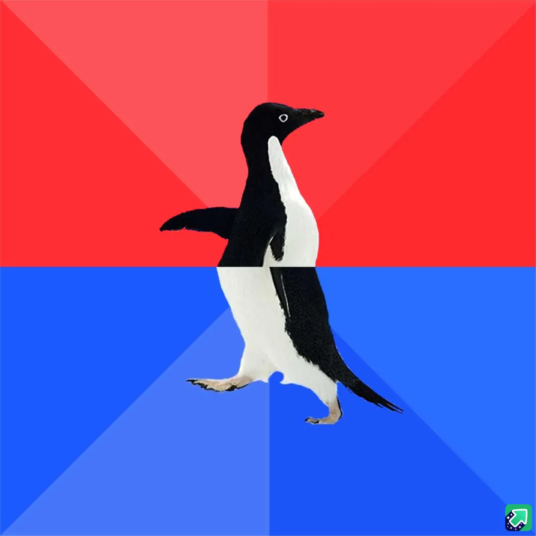 A black-and-white penguin stands centered against a background split diagonally into red and blue sections. The penguin's…