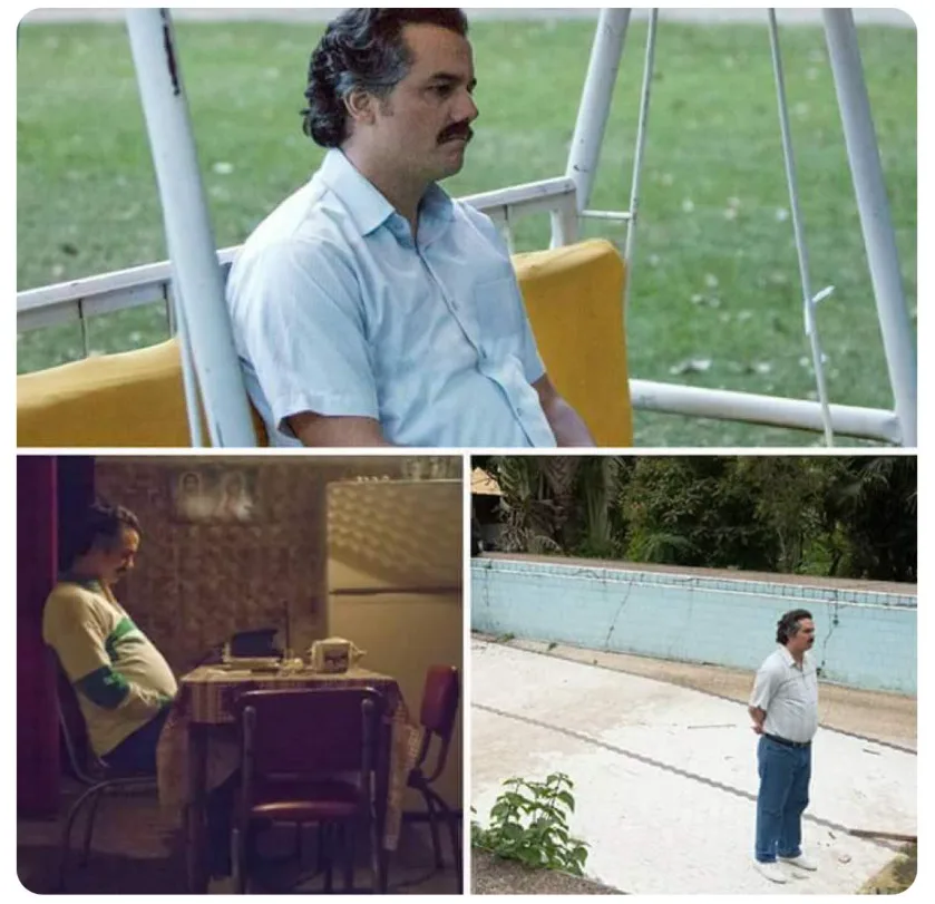 A three-panel collage shows a man in different settings: sitting on a swing, slumped at a dining table, and standing by a…