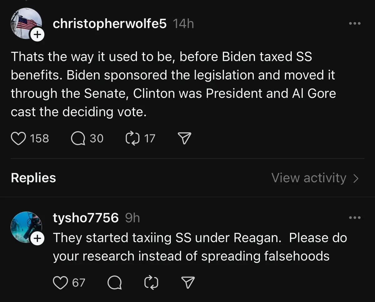 A screenshot of a social media comment thread where the top comment falsely claims Biden taxed Social Security benefits and…