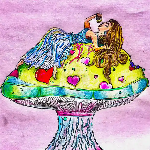 A colorful, hand-drawn illustration shows a woman with long brown hair, wearing a blue dress, lying on the cap of a large…