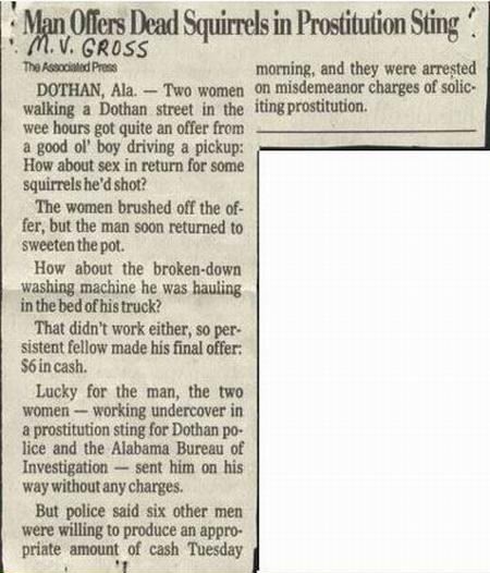 A newspaper clipping from 'The Associated Press' with the headline 'Man Offers Dead Squirrels in Prostitution Sting'. The…