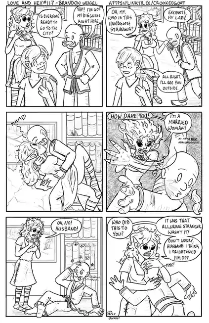 A six-panel black-and-white comic strip from 'Love and Hex' by Brandon Weigel, showing a bald man in a robe pretending to be…