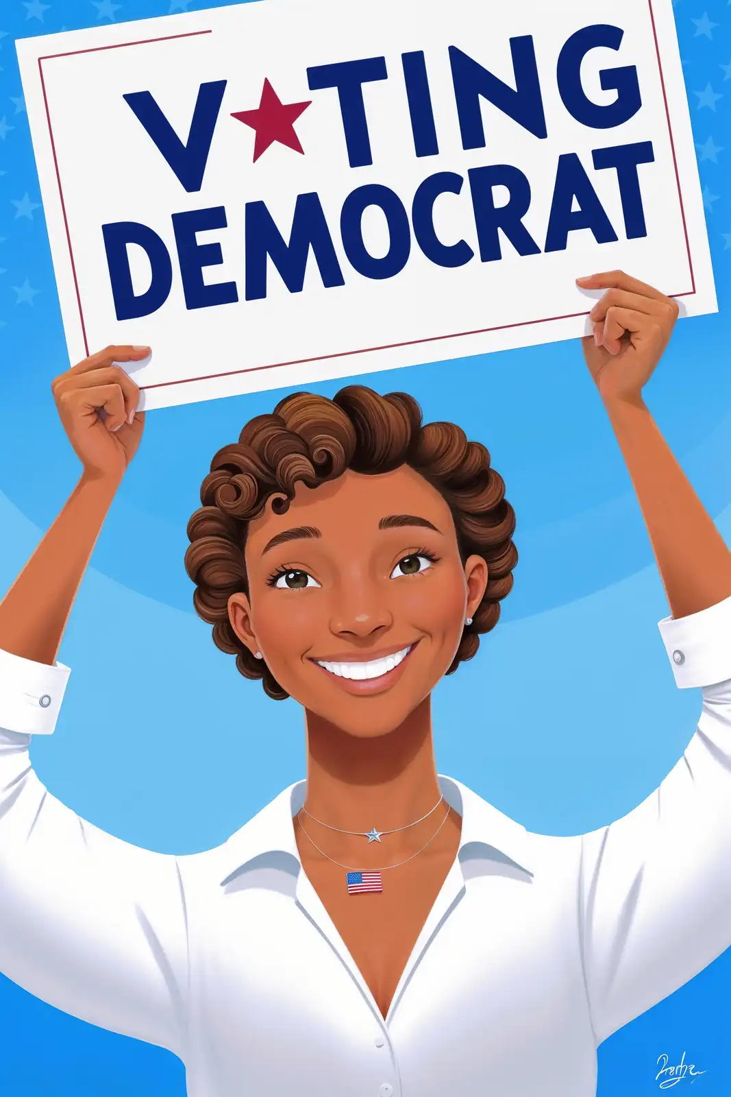 A cheerful cartoon woman with curly brown hair and a white shirt holds up a white sign that reads 'V*TING DEMOCRAT' with a…