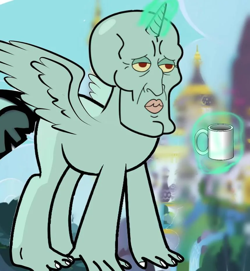 A cartoonish, green-skinned, winged, humanoid creature with a single horn on its forehead looks tired and annoyed. A glowing…