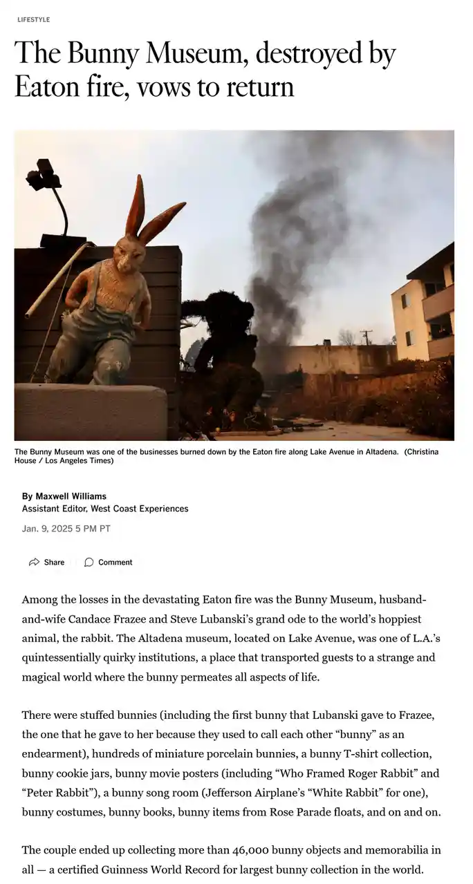 A news article screenshot shows a large, weathered bunny statue in overalls perched on a wall, with smoke rising from a…