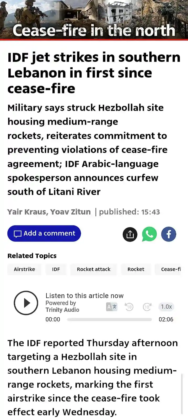 A screenshot of a news article about IDF airstrikes in southern Lebanon, with the headline 'Cease-fire in the north'…