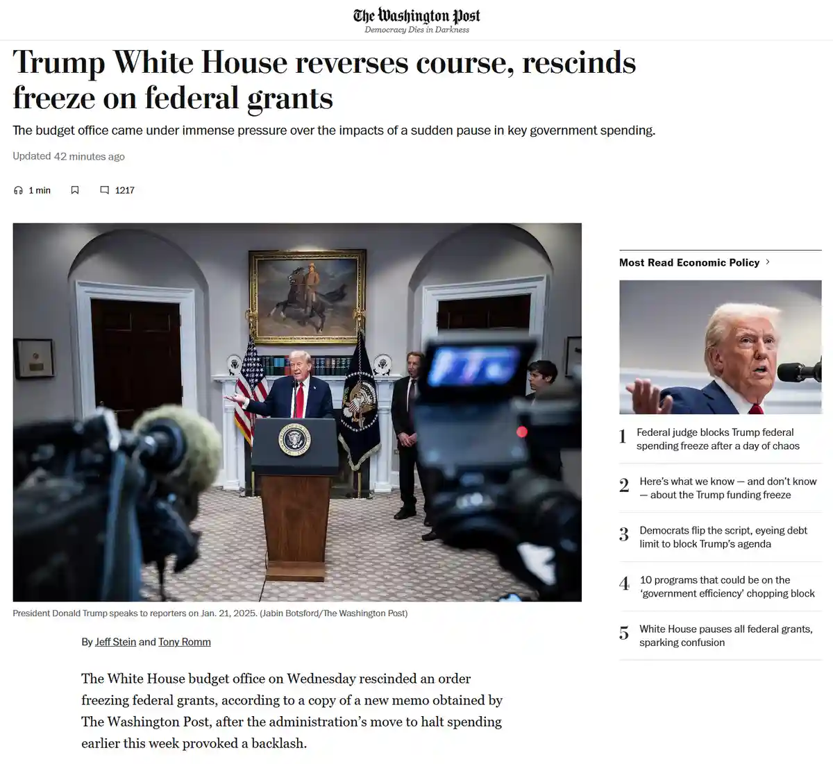 A screenshot of a Washington Post article shows President Donald Trump speaking at a podium in the White House, with cameras…