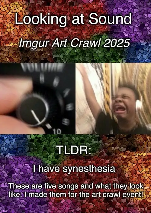 The image is a two-panel meme with a colorful mosaic background. The top panel shows a hand turning a volume knob and a…