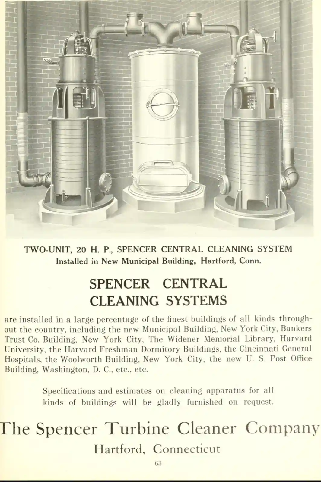 The image is a vintage black-and-white advertisement showing three large, industrial-looking metal machines with pipes…