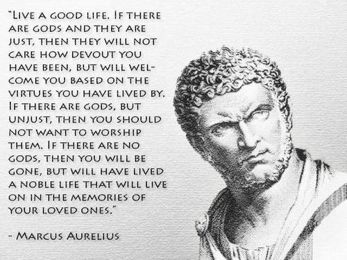 A black-and-white image of a classical Roman bust, identified as Marcus Aurelius, with a long philosophical quote overlaid…