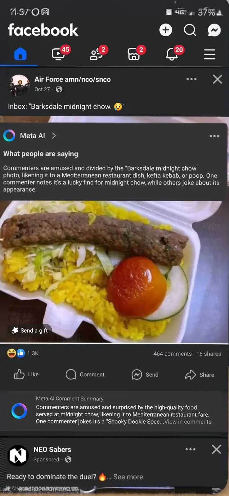 A screenshot of a Facebook post from 'Air Force amn/nco/snco' showing a photo of a meal in a styrofoam container: a long…