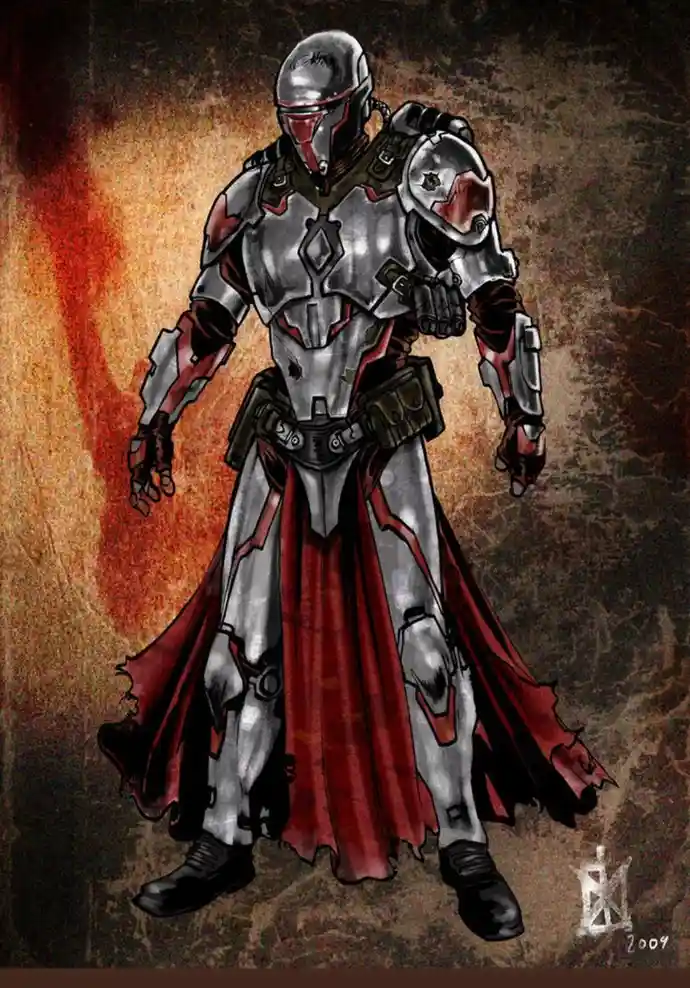 A full-body illustration of a Mandalorian warrior in silver and red armor with a flowing red cape, standing against a fiery…